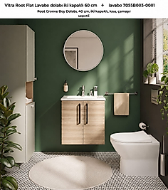 Vitra Root Flat Lavabo dolabi iki kapaklı 60 cm + lavabo 7055B003-0001 Root Groove Boy Dolabi, 40 cm, iki kapaklı, kisa, çamaşır sepetli